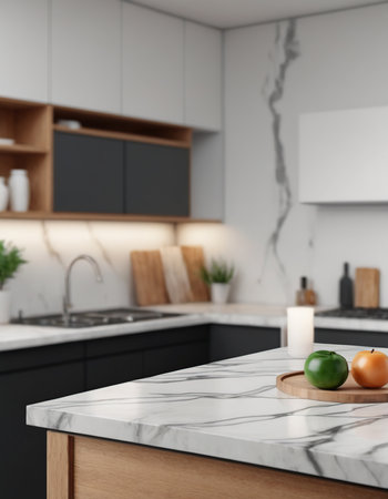 Kitchen interior with white marble countertop, oven and two apples. 3d renderingの素材