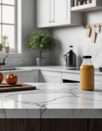 Fresh orange juice in bottle countertop in modern kitchen interiorの素材