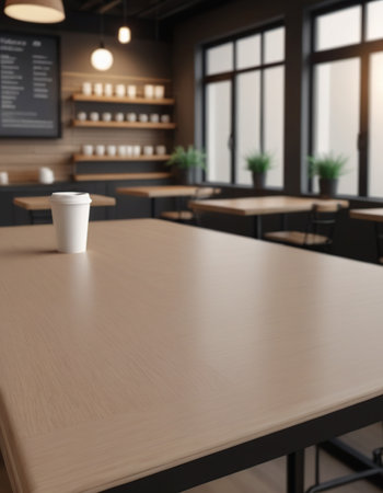 Empty wooden table and coffee shop interior. Mock up, 3D Renderingの素材