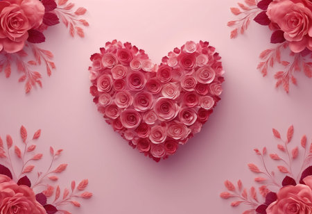 Heart shape made of pink roses and leaves on pink background. 3d illustrationの素材