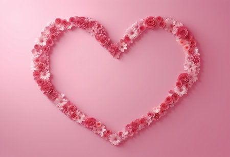 Heart made of pink carnation flowers on pink background. Valentine's day concept.の素材