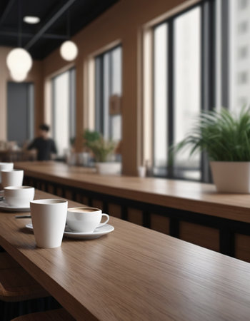 Coffee cup on wooden table in cafe. 3d renderingの素材