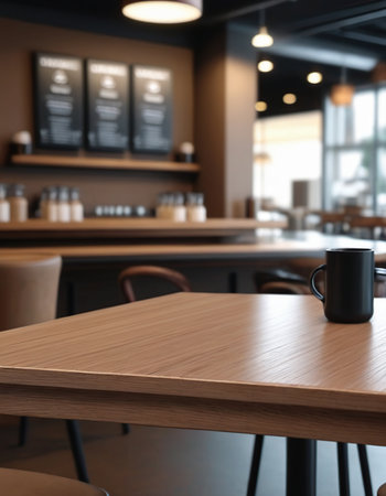 Coffee cup on wooden table in coffee shop interior background.の素材