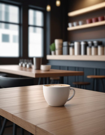 Coffee cup on wooden table in coffee shop, stock photoの素材