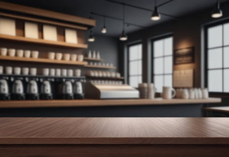 Empty wooden table in front of bar counter. Mock up, 3D Renderingの素材