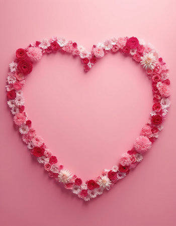 Heart made of artificial flowers on pink background. Valentines day conceptの素材
