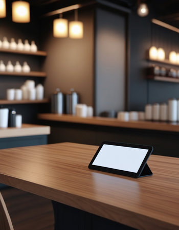 Tablet with blank screen on wooden table in cafe. Mock upの素材