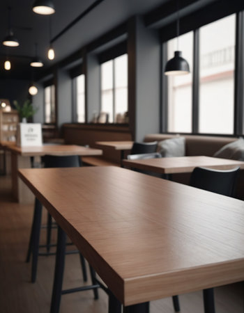 Empty wooden table and chairs in modern cafe, closeup. Mock upの素材