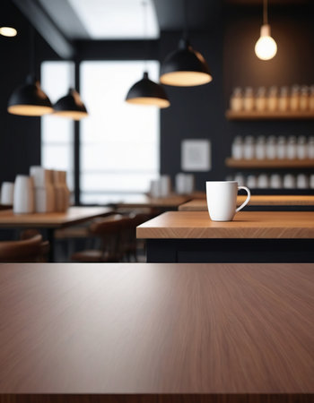 Coffee cup on wooden table in modern cafe. 3d renderingの素材