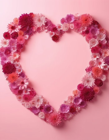 Heart made of flowers on pink background. Flat lay, top viewの素材