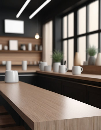 Coffee shop interior with wooden tables and chairs. 3d renderingの素材