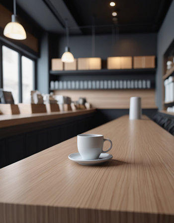 Coffee cup on wooden table in cafe, 3d renderingの素材