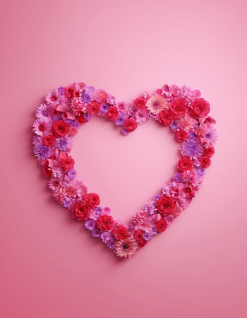 Heart shape made of flowers on pink background. Valentines day conceptの素材
