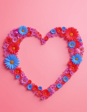Colorful flowers in the shape of a heart on a pink backgroundの素材