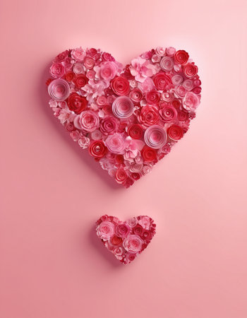 Heart made of pink roses on a pink background. Top view.の素材