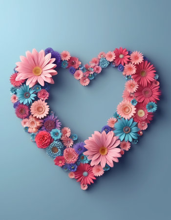 Heart shape made of colorful flowers on blue background. 3d illustrationの素材