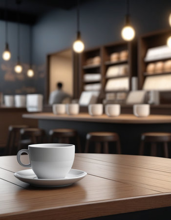 Coffee cup on wooden table in coffee shop. 3d renderingの素材