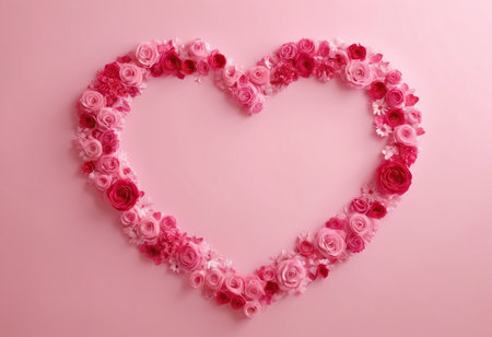 Heart made of pink and white roses on pink background, top viewの素材