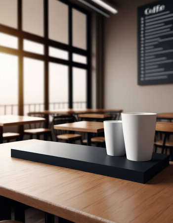 Coffee cup on table in coffee shop. 3d renderingの素材