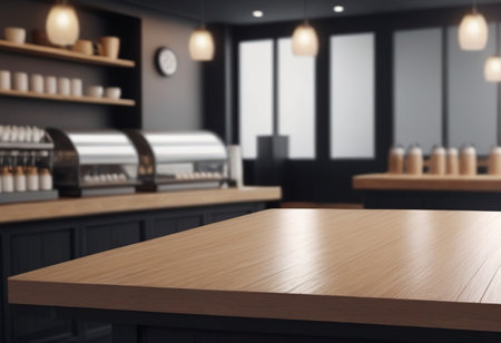 Table Top And Blur Interior of a Modern Coffee Shop. 3d renderingの素材