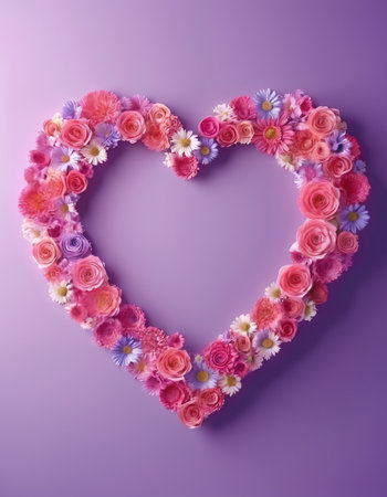 Heart made of flowers on purple background. Valentines day concept.の素材