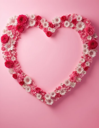 Heart made of flowers on a pink background. Valentine's Day.の素材