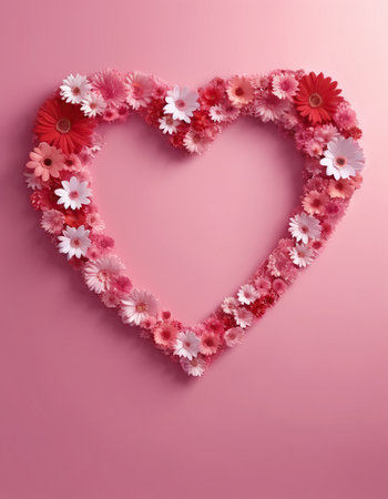 Heart made of flowers on pink background. Valentines day concept.の素材
