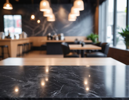 Empty black marble table top and blurred cafe interior background, product display montageの素材