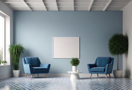 Interior of modern living room with blue walls, tiled floor, two blue armchairs and vertical mock up poster. 3d renderingの素材