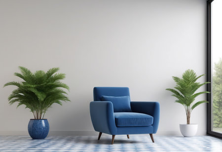 interior with blue armchair. 3d illustration renderingの素材