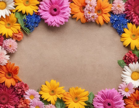 Colorful flowers on brown paper background with copy space, top viewの素材