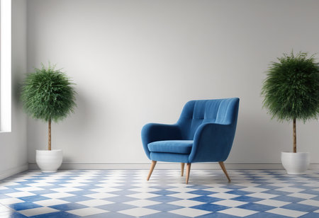 interior with blue armchair, 3d render, white wallの素材