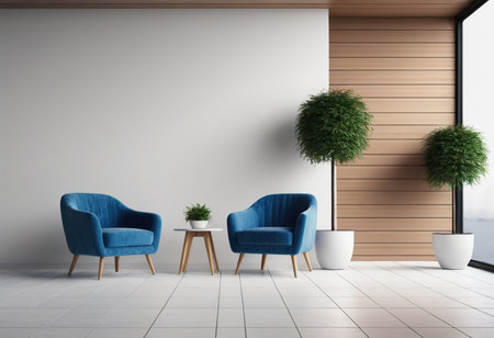 Interior of modern living room with white walls, tiled floor, comfortable blue armchairs standing near round coffee table and green plant in pot. 3d renderingの素材