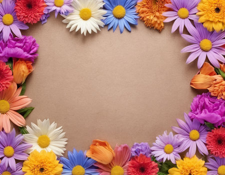 Flowers composition. Frame made of colorful flowers on brown paper background. Flat lay, top view, copy spaceの素材