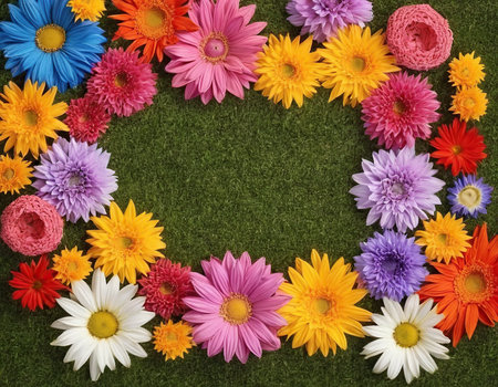 Colorful daisies on green grass background. Top view.の素材