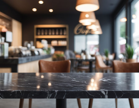 Empty black marble table top and Coffee shop blur background with bokeh image.の素材