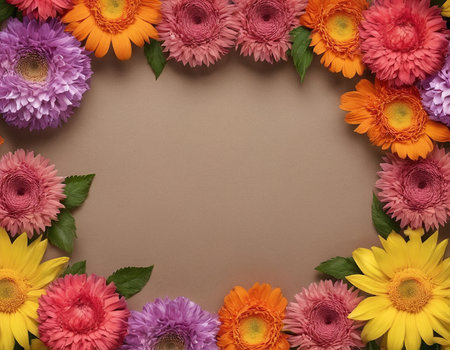 Colorful flowers on brown background. Flat lay, top view.の素材
