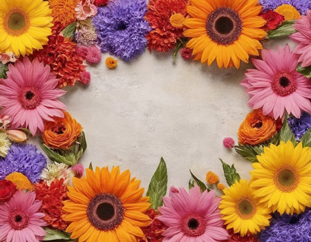Colorful gerbera flowers frame on stone background with copy spaceの素材