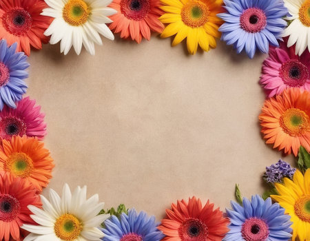Colorful gerbera daisies on brown paper background with copy spaceの素材