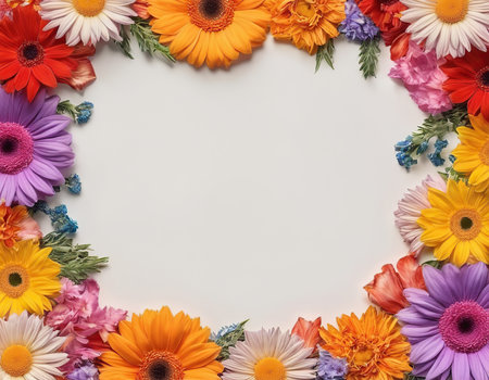 Frame made of colorful gerbera flowers on white background, top viewの素材