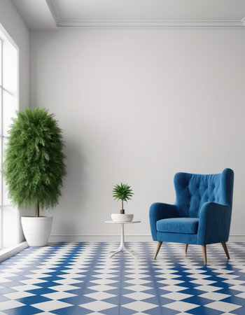 interior with blue armchair. 3d render illustration mock upの素材