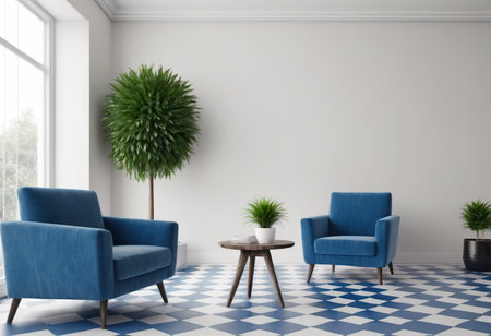 interior with blue armchairs and coffee table. 3d illustrationの素材