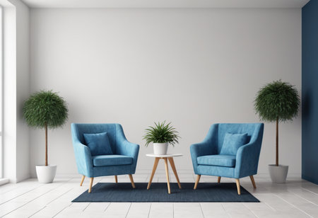 Interior of modern living room with blue walls, tiled floor, two blue armchairs standing near round coffee table and potted plants. 3d renderingの素材