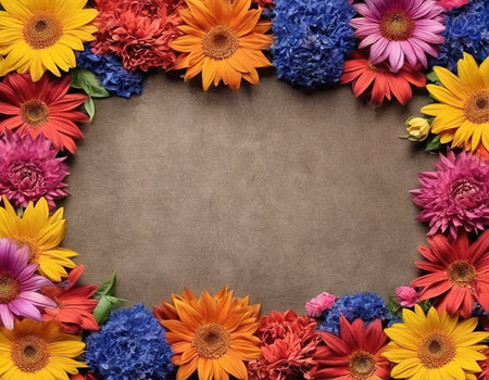 Frame of colorful daisies and gerberas on brown paperの素材