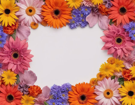 Frame made of colorful flowers on white background. Flat lay, top viewの素材