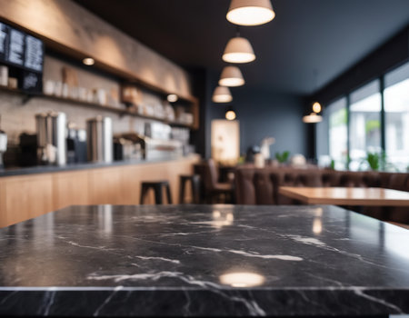 Empty black marble table top and blurred background of coffee shop or restaurant cafe.の素材