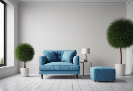 interior with blue sofa and plant. 3d illustration mock upの素材