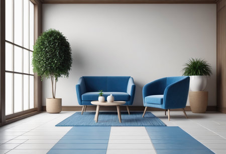 Interior of modern living room with blue sofa, carpet and plants. 3d renderの素材