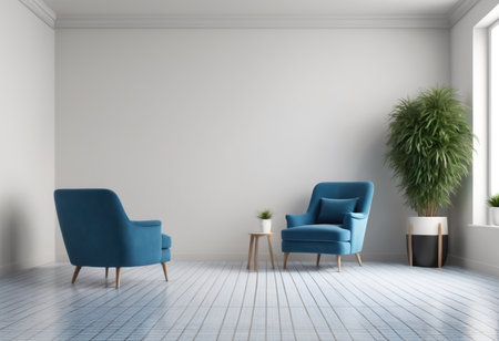 interior with blue armchairs and plant, 3d render illustrationの素材