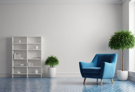 interior with blue armchair, bookshelf and plants. 3d renderの素材